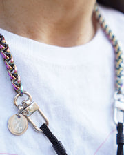 Close up image of mermaid rainbow iridescent face mask chain necklace holder around neck