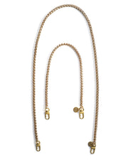 Product shot of gold face mask chain holder, small and large sizes